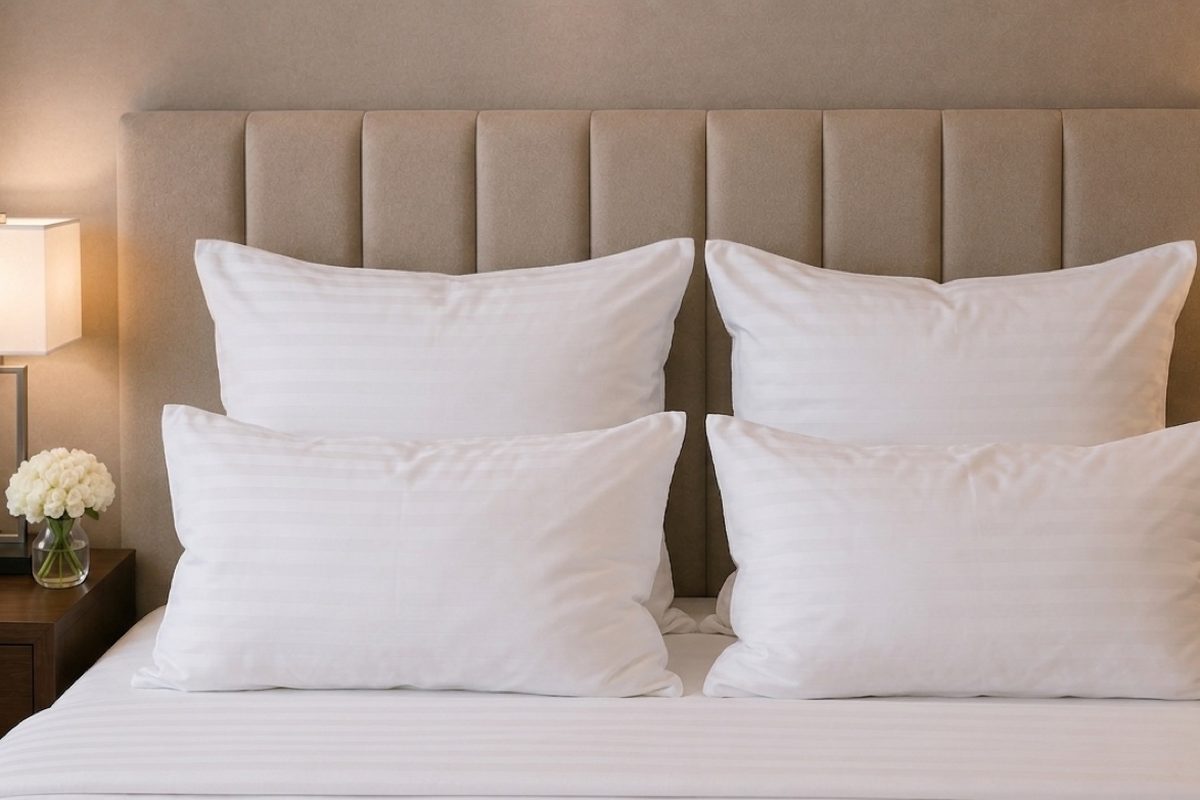 Hotelbett mit weiß bezogenen Federkissen der Linie Küste.